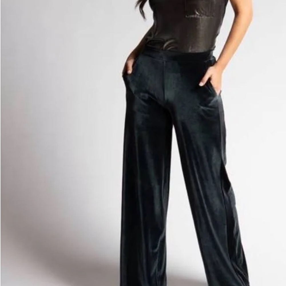 Betabrand Black Wide Leg Velvet Pants High-Waisted